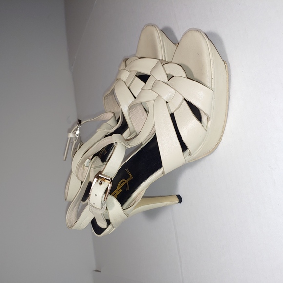 SAINT LAURENT Tribute Platform Sandals in Smooth Leather Cream Size 39 - Picture 1 of 15